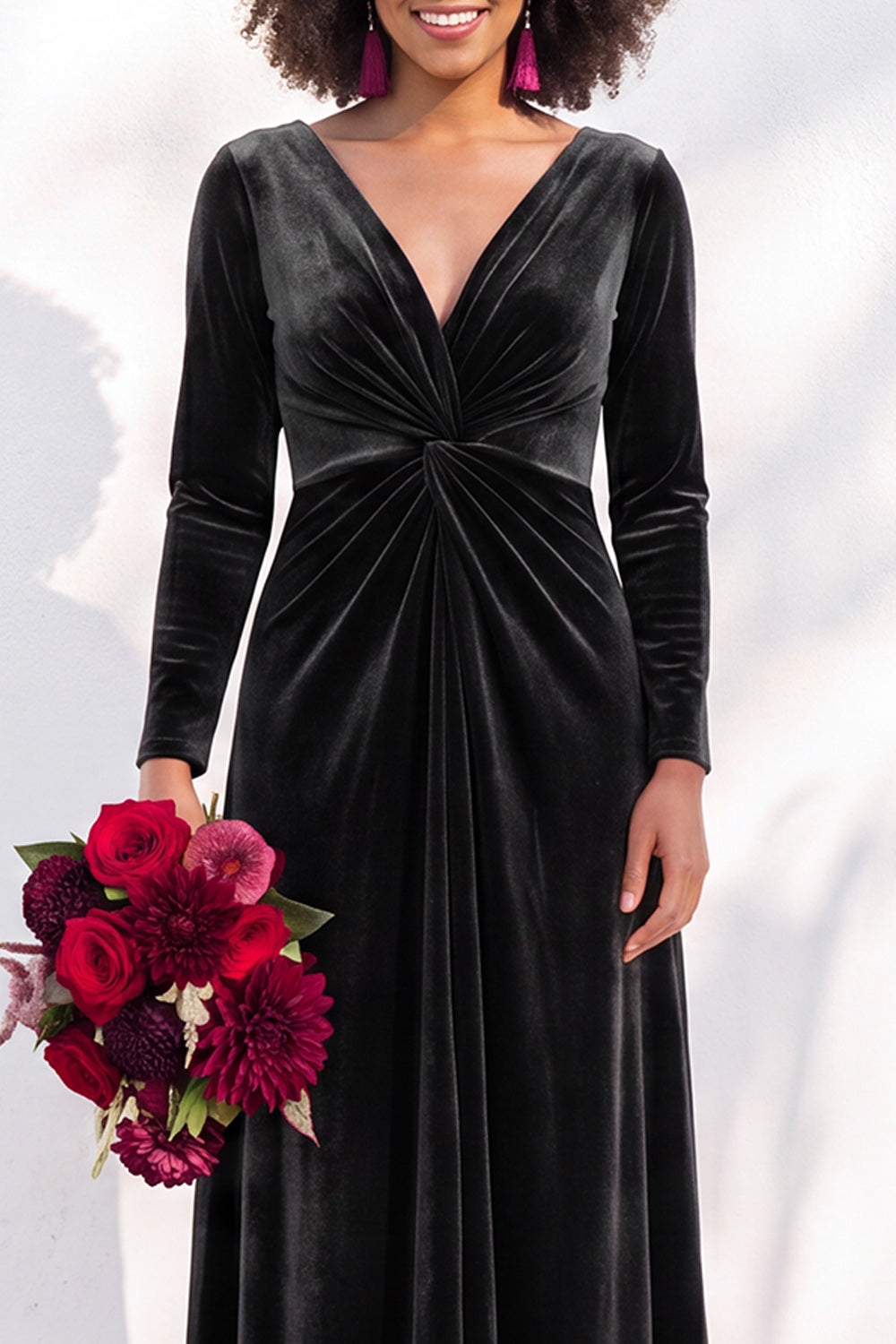 Terracotta Velvet Ruched Long Wedding Guest Dress with Sleeves
