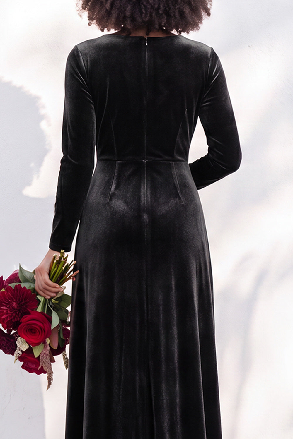Terracotta Velvet Ruched Long Wedding Guest Dress with Sleeves