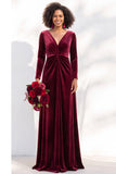 Terracotta Velvet Ruched Long Wedding Guest Dress with Sleeves