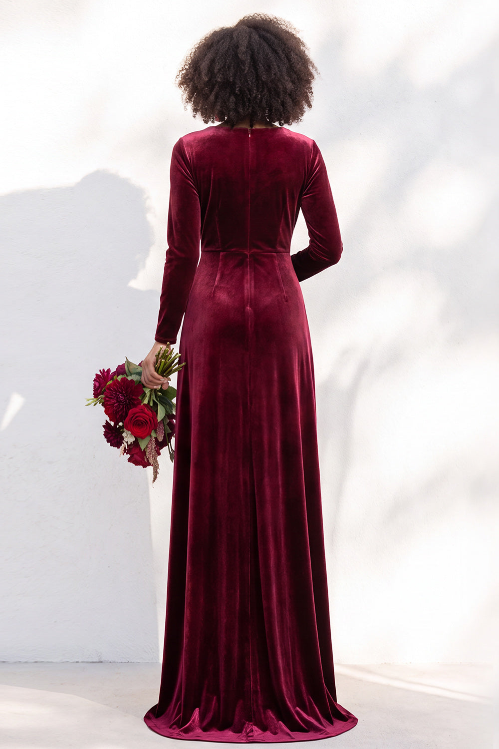 Terracotta Velvet Ruched Long Wedding Guest Dress with Sleeves