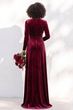Terracotta Velvet Ruched Long Wedding Guest Dress with Sleeves