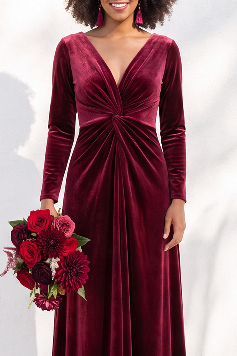 Terracotta Velvet Ruched Long Wedding Guest Dress with Sleeves