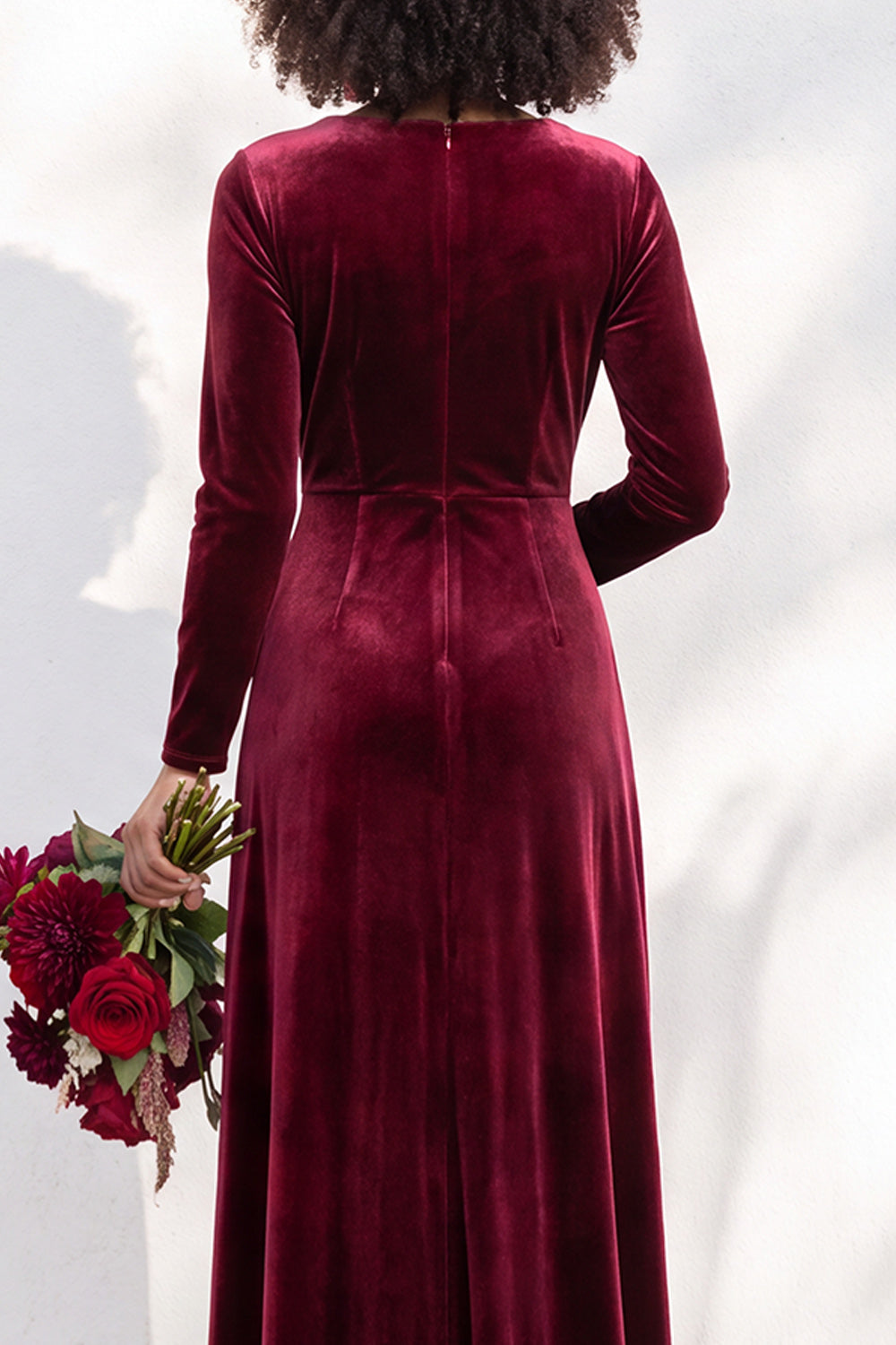 Terracotta Velvet Ruched Long Wedding Guest Dress with Sleeves