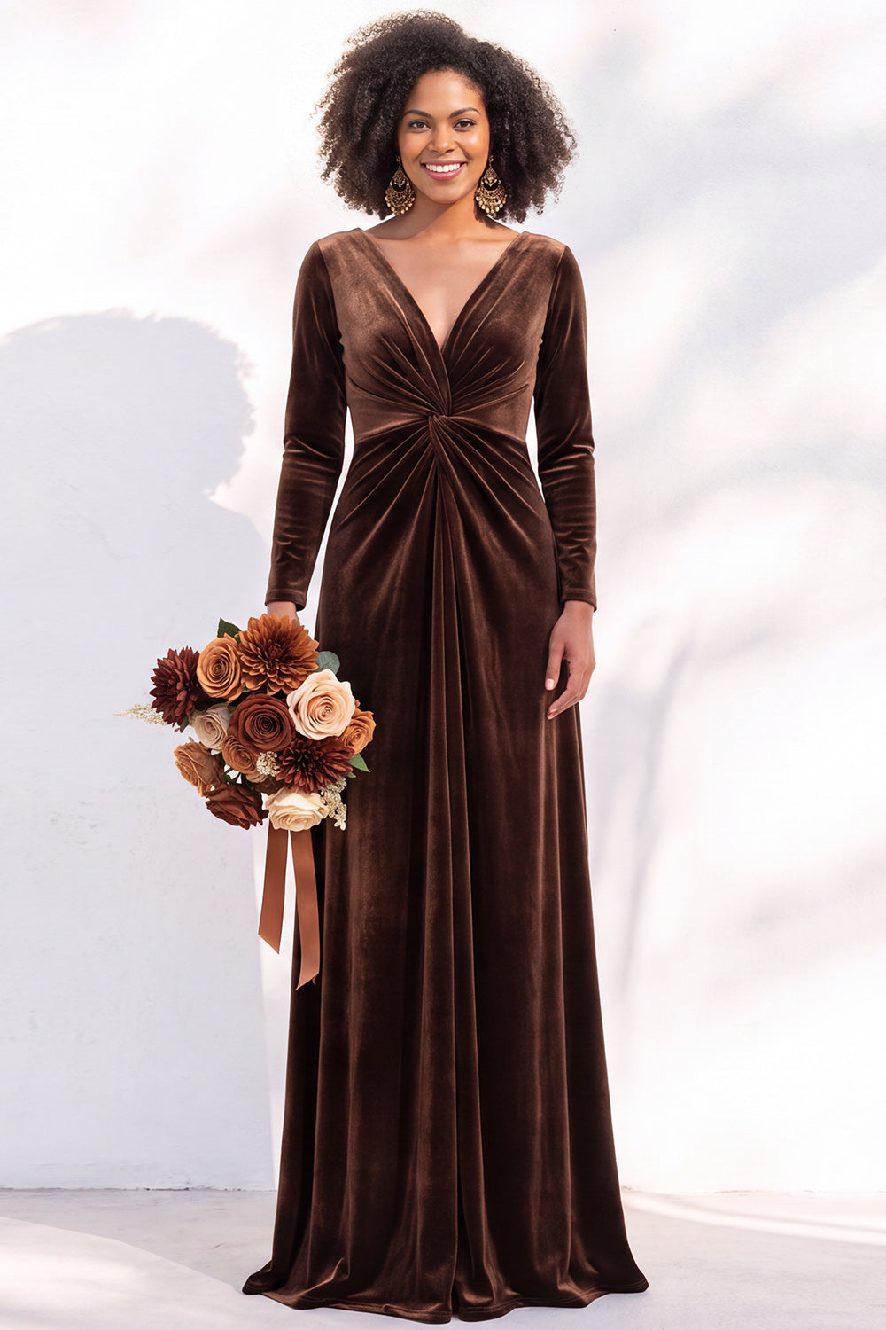 Terracotta Velvet Ruched Long Wedding Guest Dress with Sleeves