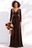 Terracotta Velvet Ruched Long Wedding Guest Dress with Sleeves