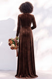 Terracotta Velvet Ruched Long Wedding Guest Dress with Sleeves
