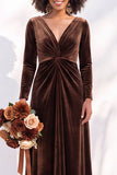 Terracotta Velvet Ruched Long Wedding Guest Dress with Sleeves