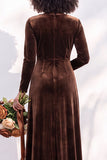 Terracotta Velvet Ruched Long Wedding Guest Dress with Sleeves