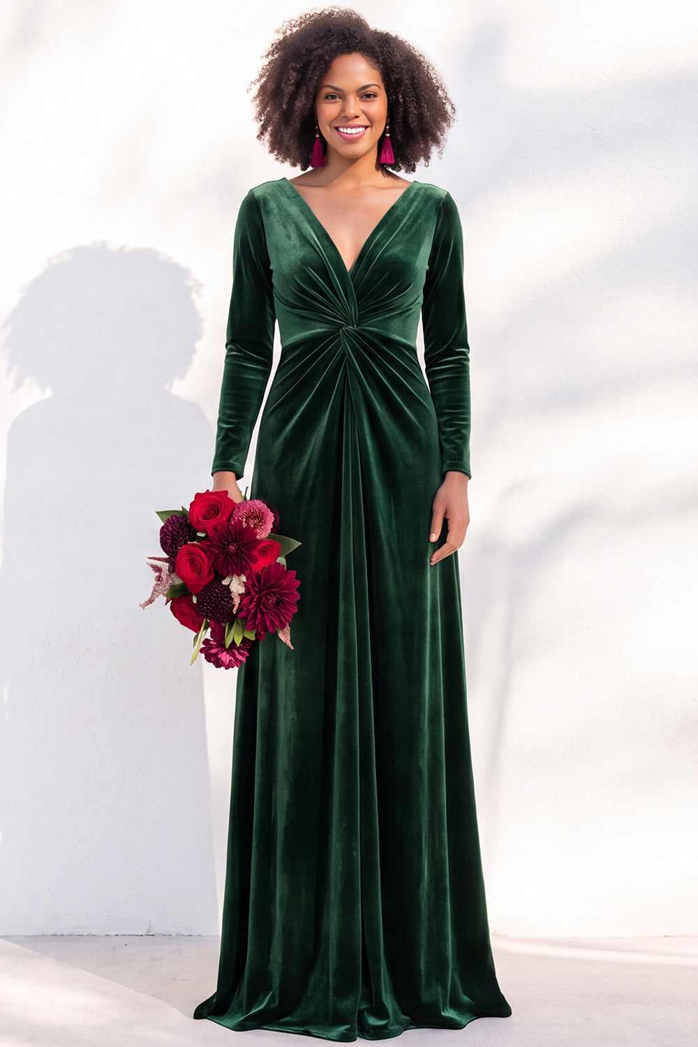 Terracotta Velvet Ruched Long Wedding Guest Dress with Sleeves