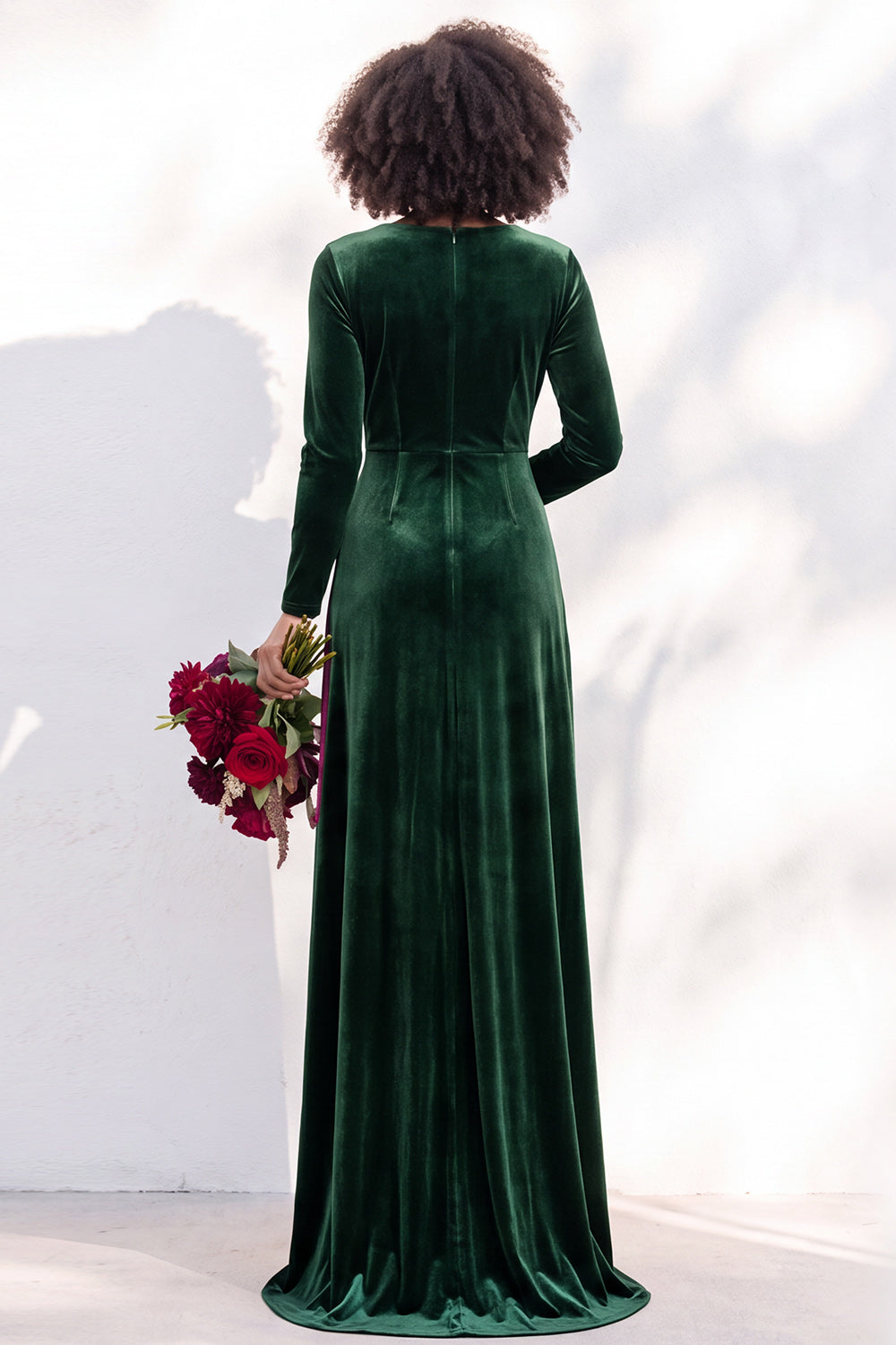 Terracotta Velvet Ruched Long Wedding Guest Dress with Sleeves