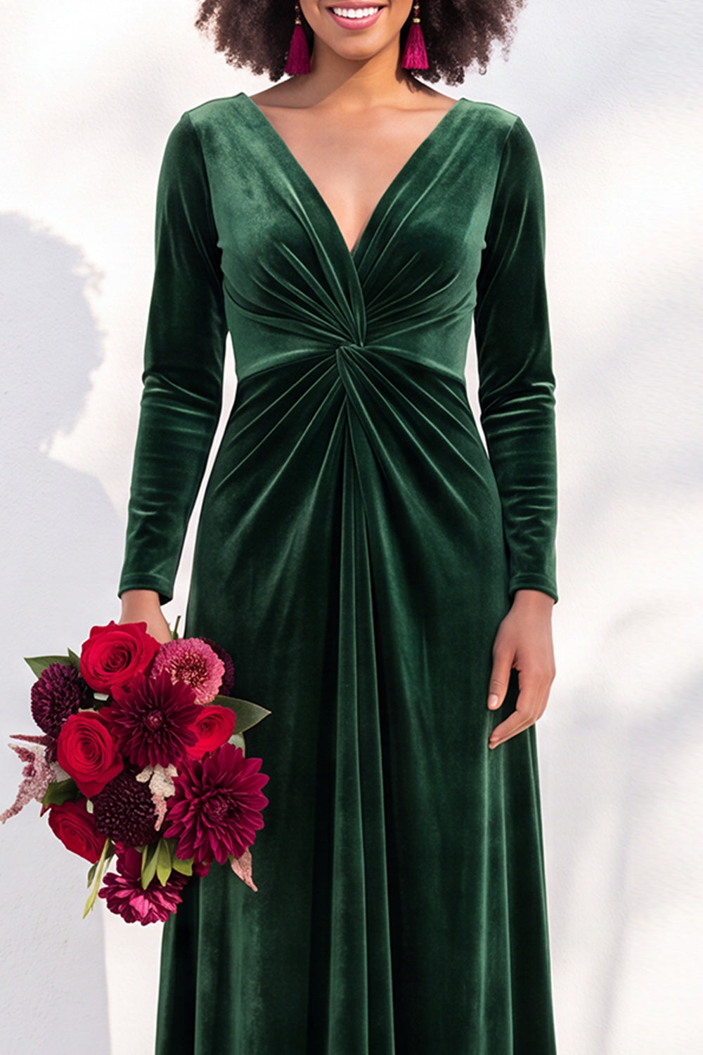 Terracotta Velvet Ruched Long Wedding Guest Dress with Sleeves