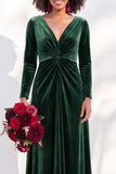 Terracotta Velvet Ruched Long Wedding Guest Dress with Sleeves