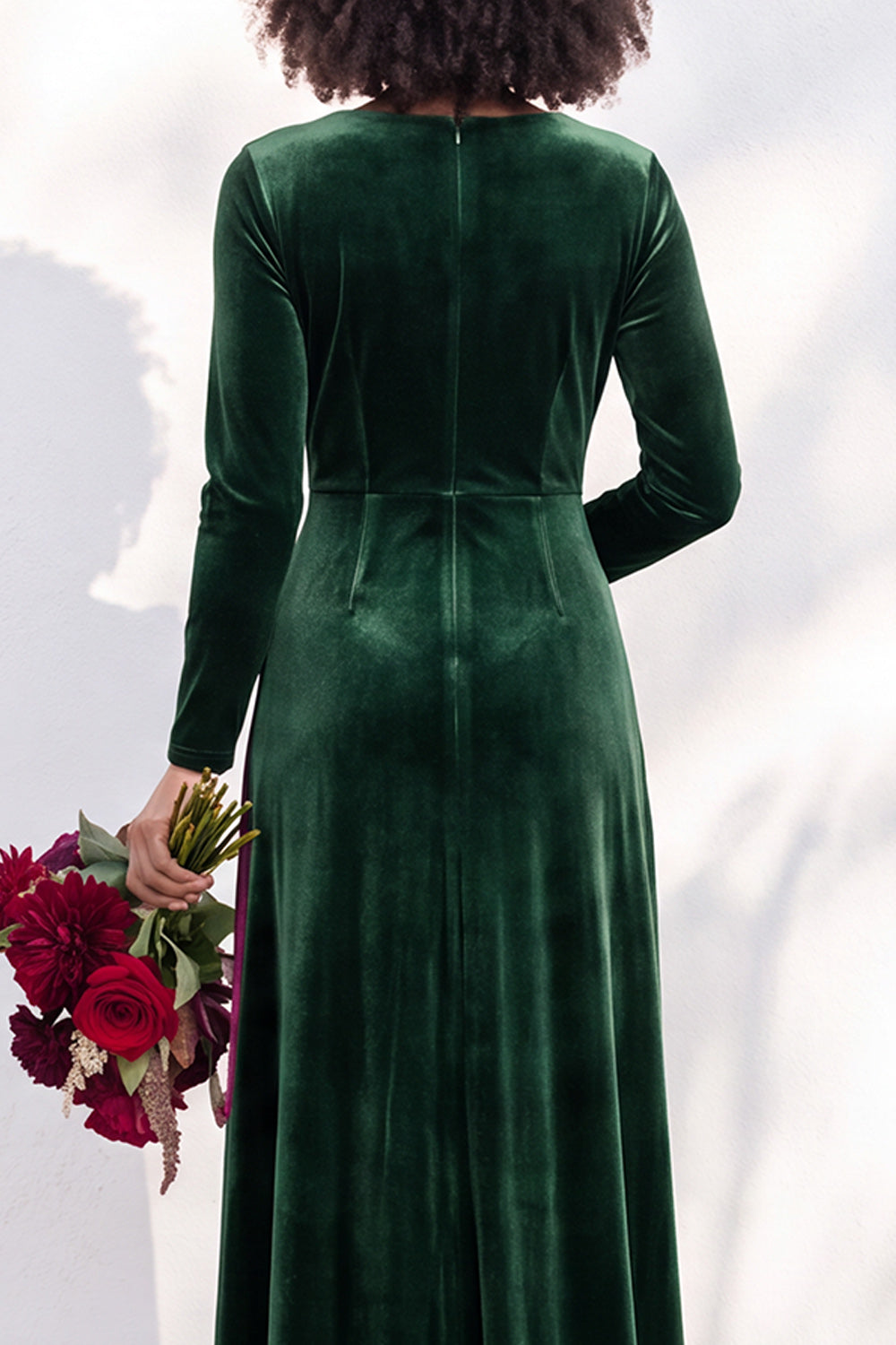 Terracotta Velvet Ruched Long Wedding Guest Dress with Sleeves