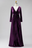 Terracotta Velvet Ruched Long Wedding Guest Dress with Sleeves
