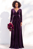 Terracotta Velvet Ruched Long Wedding Guest Dress with Sleeves
