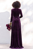 Terracotta Velvet Ruched Long Wedding Guest Dress with Sleeves
