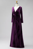 Terracotta Velvet Ruched Long Wedding Guest Dress with Sleeves