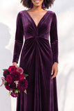 Terracotta Velvet Ruched Long Wedding Guest Dress with Sleeves