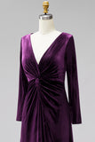 Terracotta Velvet Ruched Long Wedding Guest Dress with Sleeves