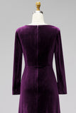 Terracotta Velvet Ruched Long Wedding Guest Dress with Sleeves