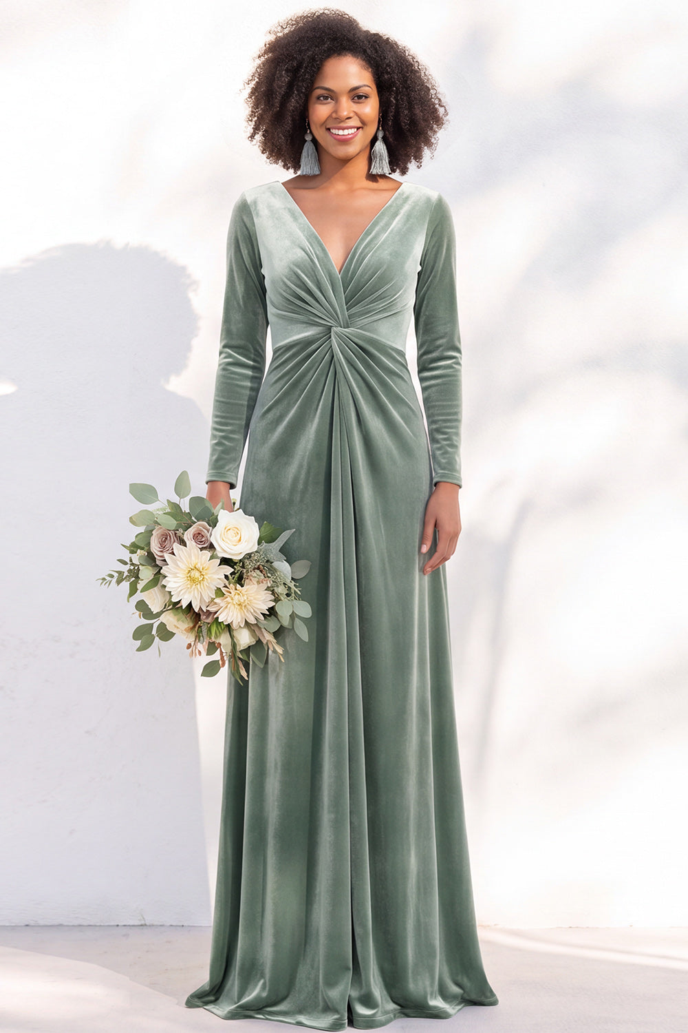 Terracotta Velvet Ruched Long Wedding Guest Dress with Sleeves