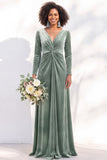 Terracotta Velvet Ruched Long Wedding Guest Dress with Sleeves