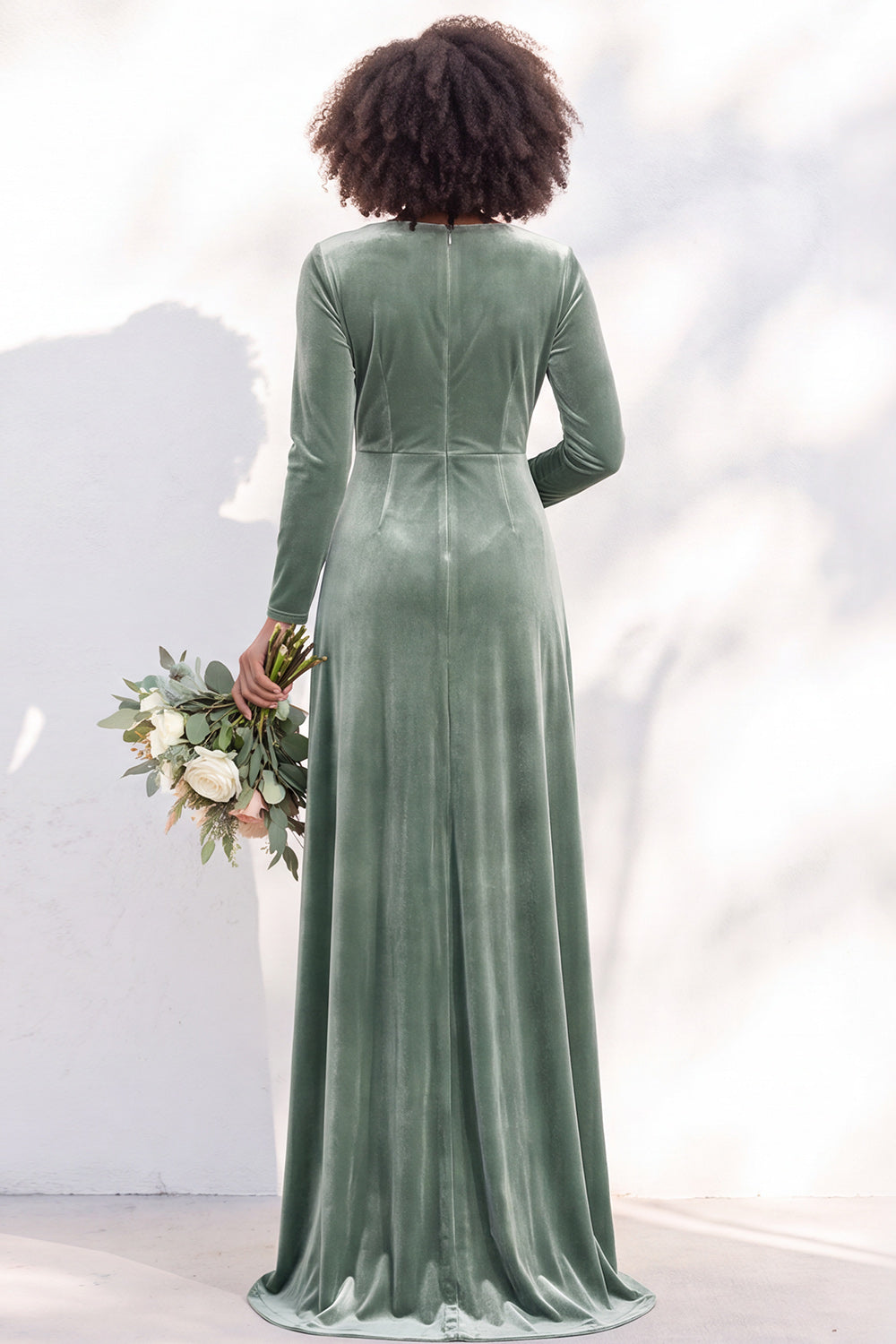 Terracotta Velvet Ruched Long Wedding Guest Dress with Sleeves