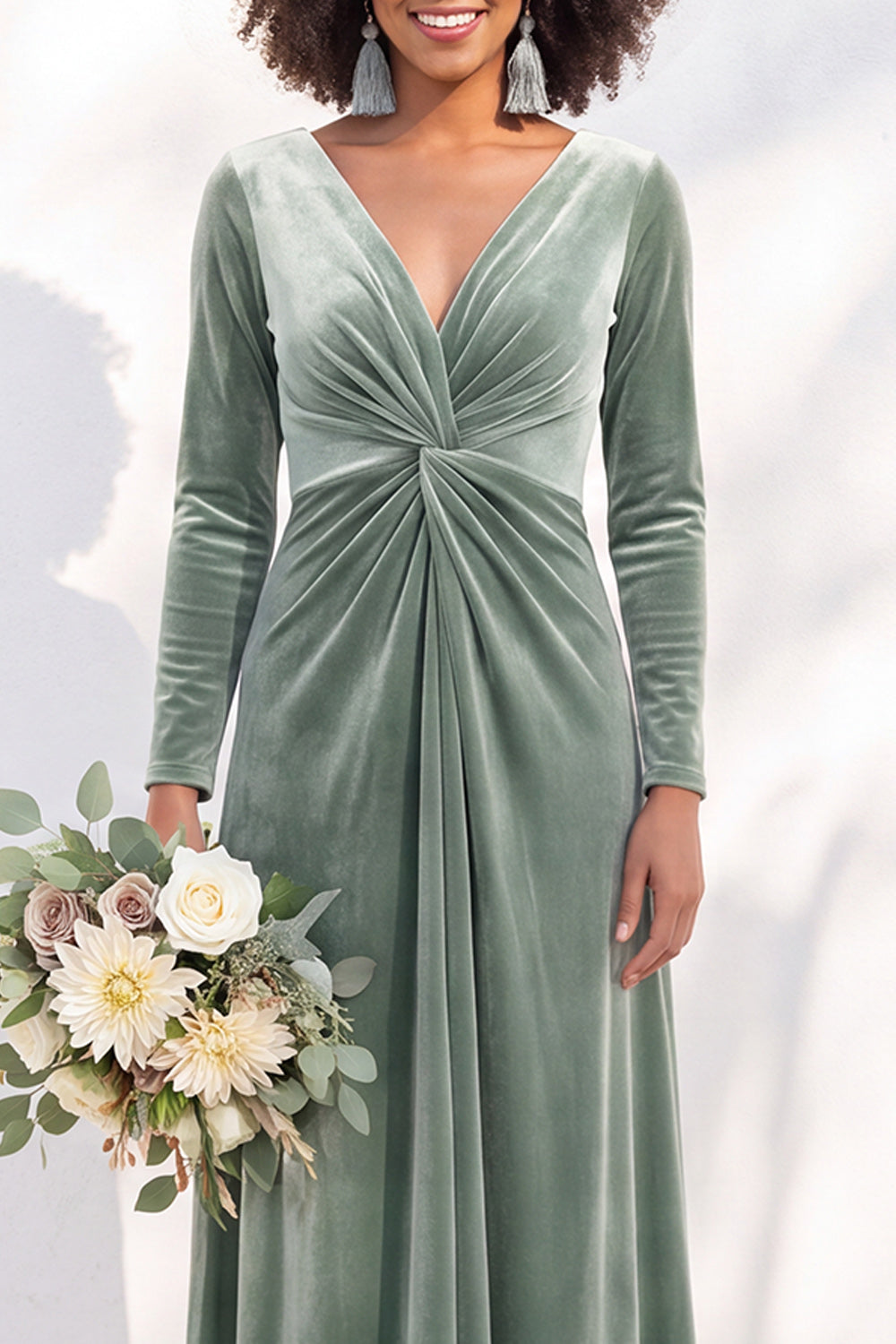 Terracotta Velvet Ruched Long Wedding Guest Dress with Sleeves