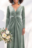 Terracotta Velvet Ruched Long Wedding Guest Dress with Sleeves