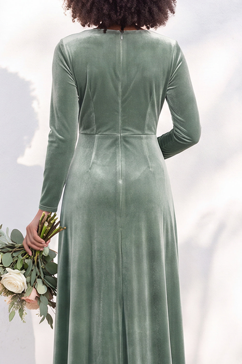 Terracotta Velvet Ruched Long Wedding Guest Dress with Sleeves