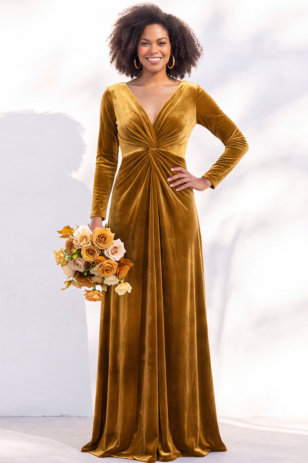 Terracotta Velvet Ruched Long Wedding Guest Dress with Sleeves