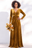 Terracotta Velvet Ruched Long Wedding Guest Dress with Sleeves