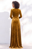 Terracotta Velvet Ruched Long Wedding Guest Dress with Sleeves