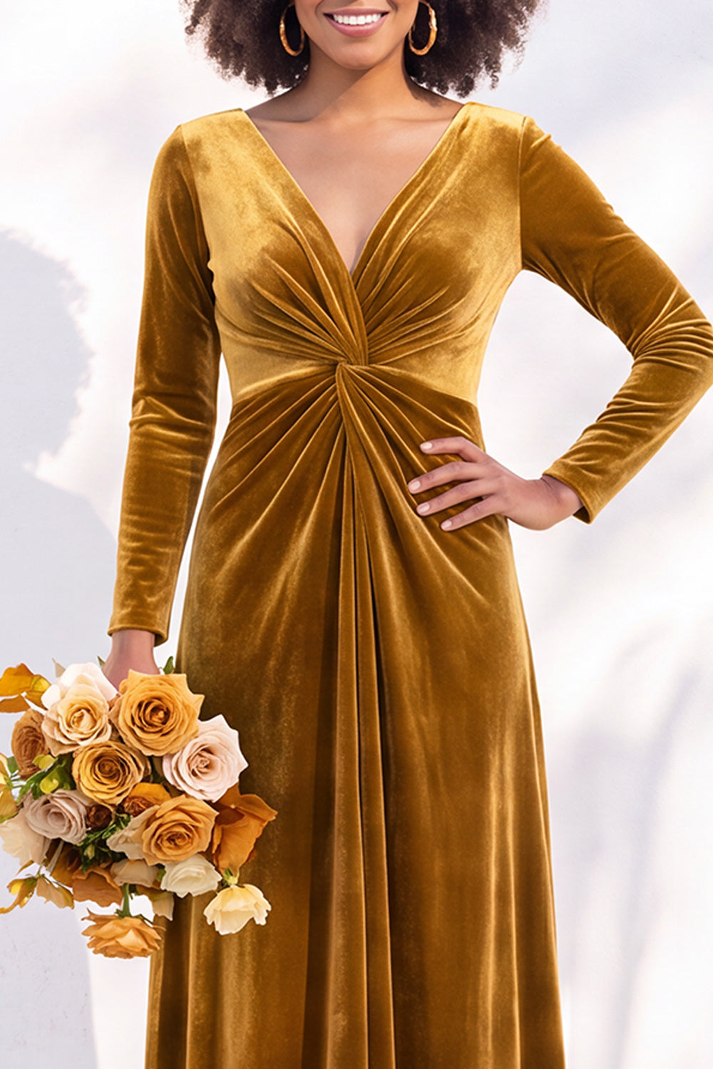 Terracotta Velvet Ruched Long Wedding Guest Dress with Sleeves