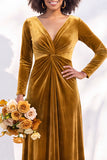 Terracotta Velvet Ruched Long Wedding Guest Dress with Sleeves