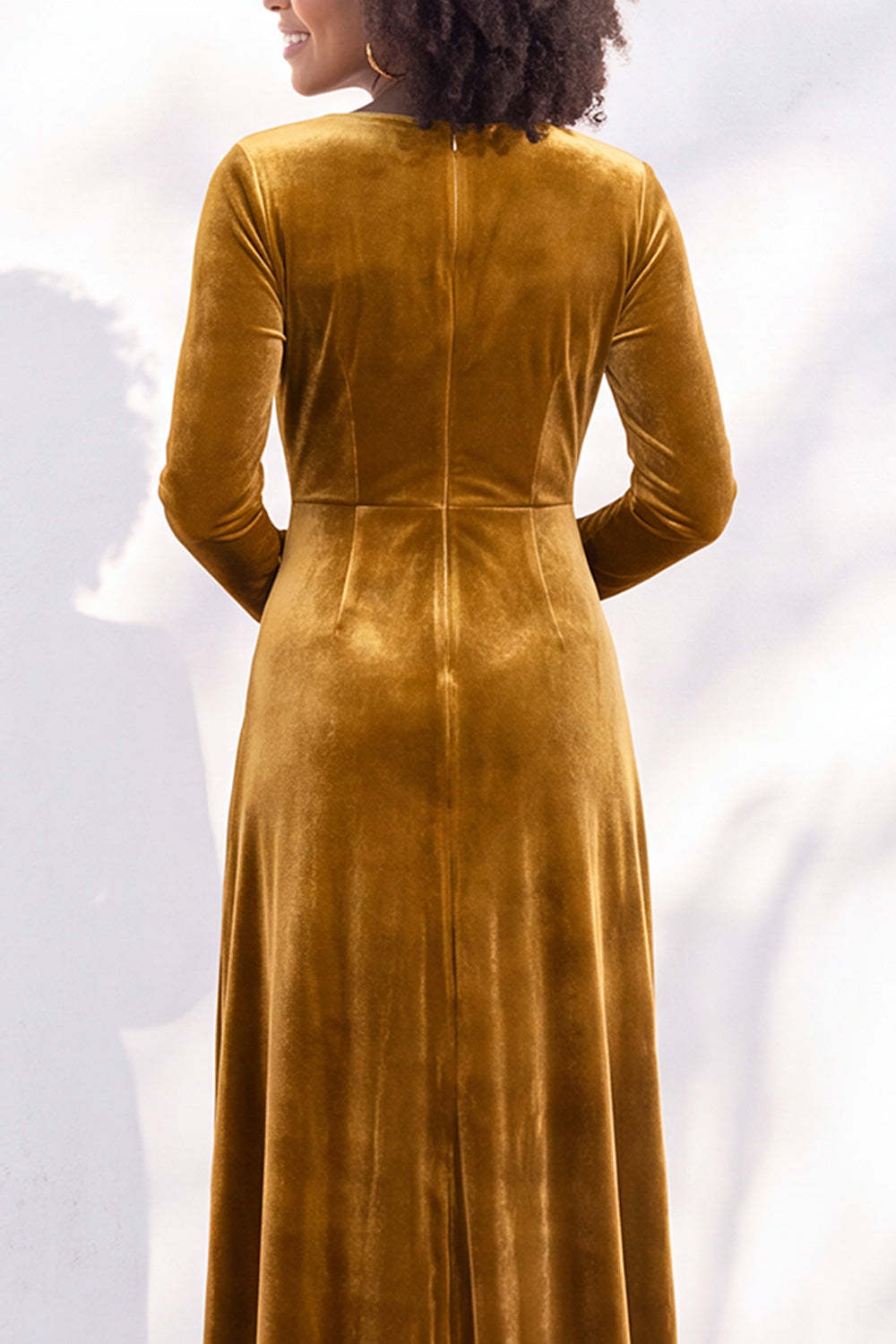 Terracotta Velvet Ruched Long Wedding Guest Dress with Sleeves