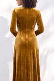 Terracotta Velvet Ruched Long Wedding Guest Dress with Sleeves