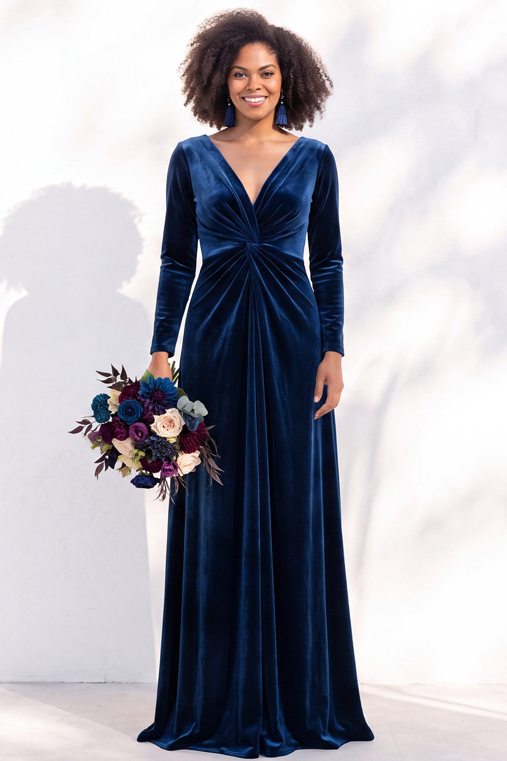 Terracotta Velvet Ruched Long Wedding Guest Dress with Sleeves