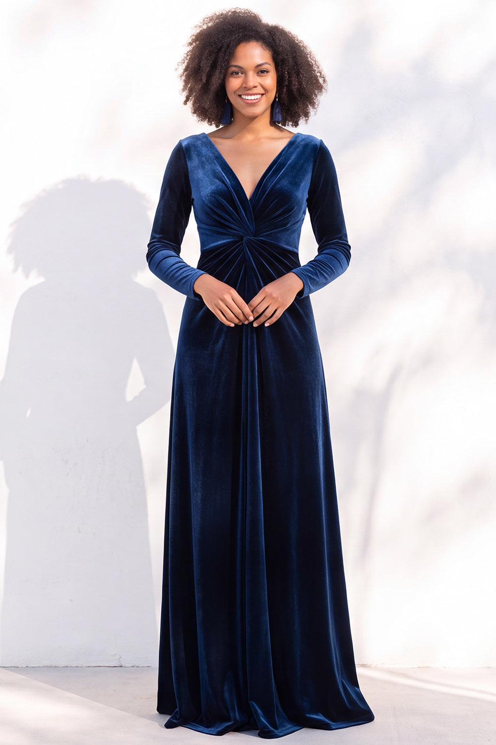 Terracotta Velvet Ruched Long Wedding Guest Dress with Sleeves