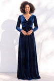 Terracotta Velvet Ruched Long Wedding Guest Dress with Sleeves