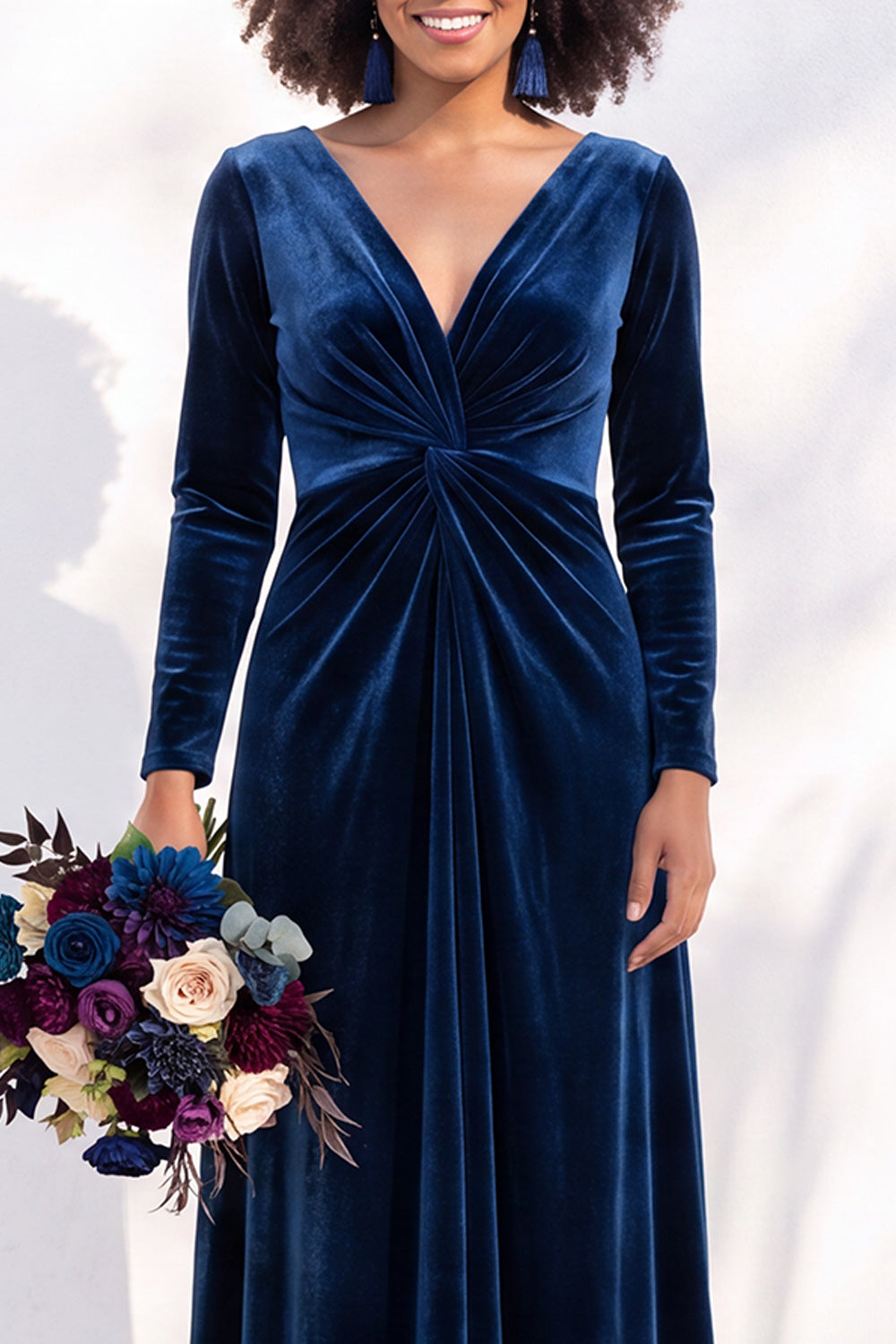 Terracotta Velvet Ruched Long Wedding Guest Dress with Sleeves