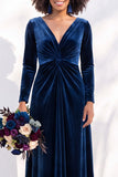 Terracotta Velvet Ruched Long Wedding Guest Dress with Sleeves