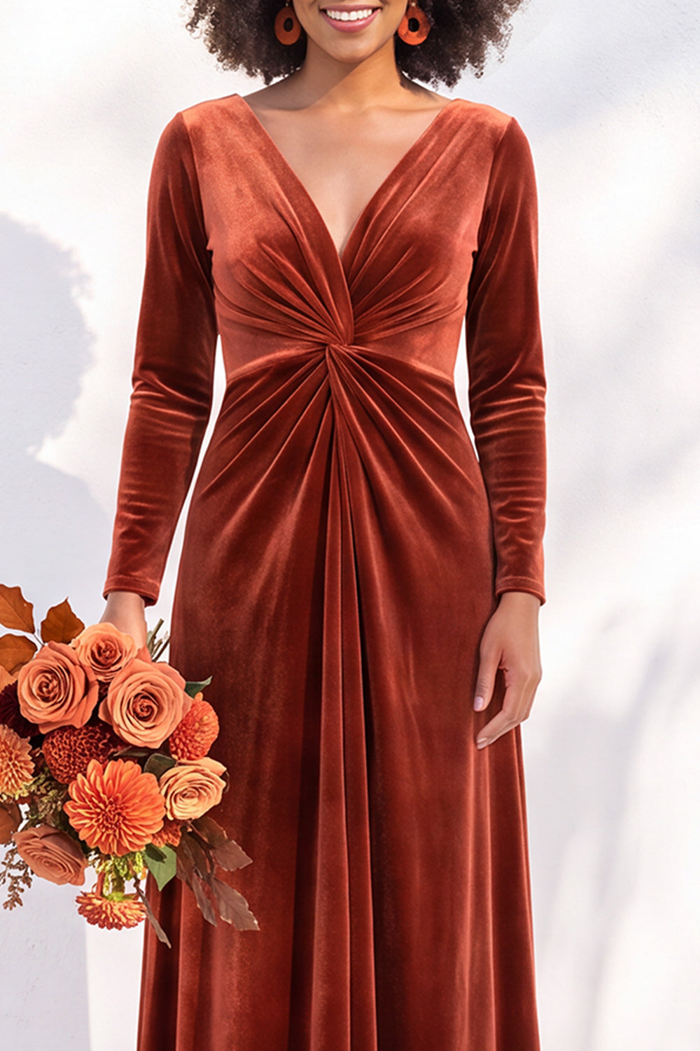 Terracotta Velvet Ruched Long Wedding Guest Dress with Sleeves