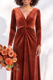 Terracotta Velvet Ruched Long Wedding Guest Dress with Sleeves