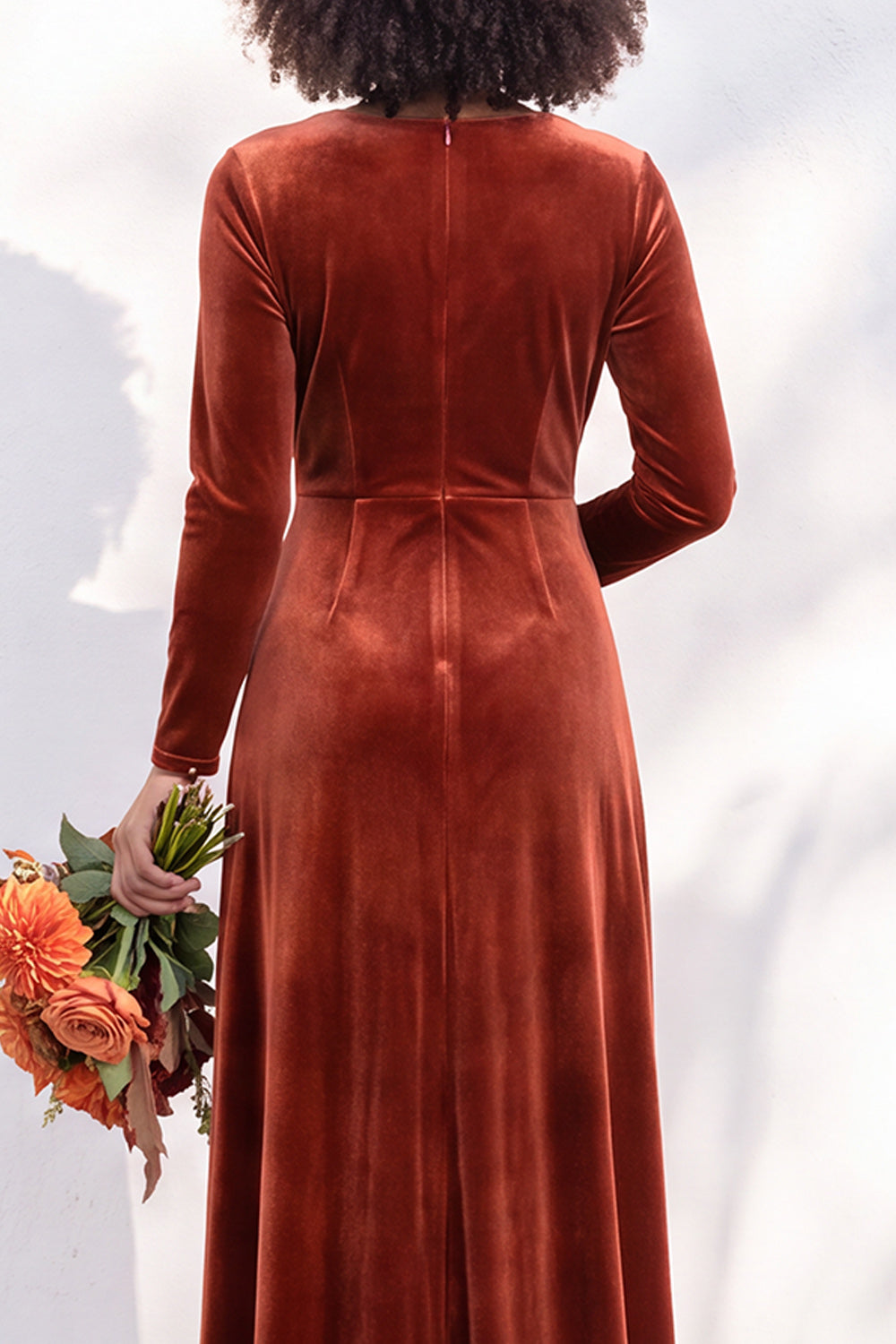 Terracotta Velvet Ruched Long Wedding Guest Dress with Sleeves