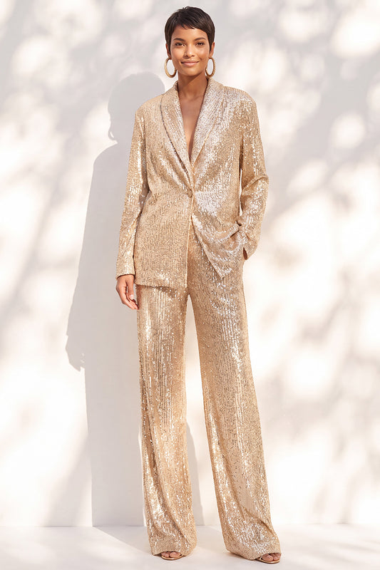 Sparkly Champagne Sequins Shawl Lapel 2 Piece Prom Suits