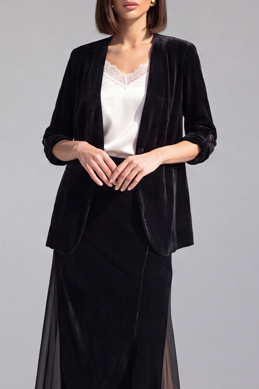Black One Button Velvet Shawl Lapel 2 Piece Blazer Dress