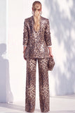 Sparkly Coffee Cheetah Print Peak Lapel Sequin 2 Piece Women Suits