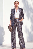 Sparkly Coffee Cheetah Print Peak Lapel Sequin 2 Piece Women Suits