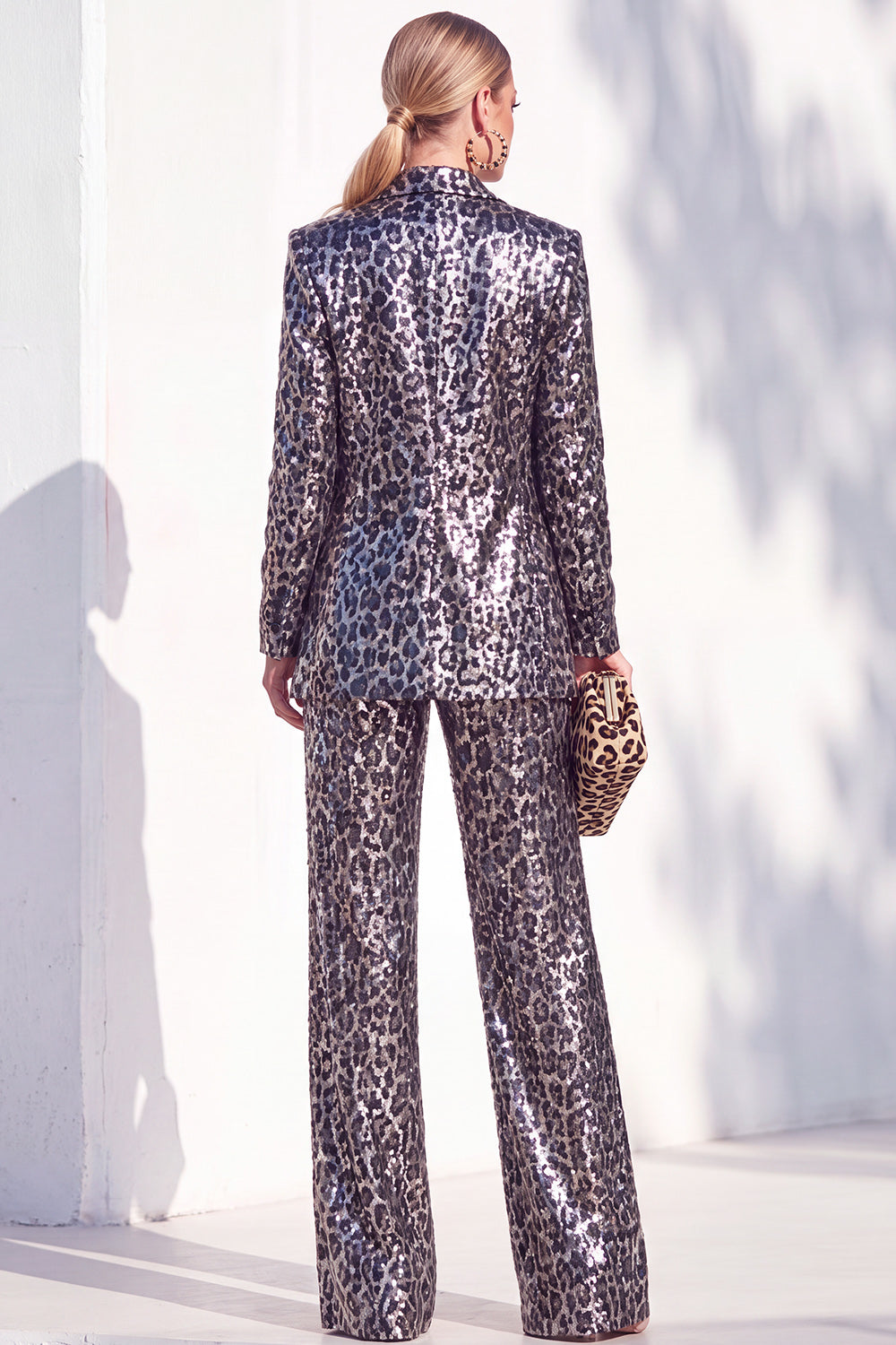 Sparkly Coffee Cheetah Print Peak Lapel Sequin 2 Piece Women Suits